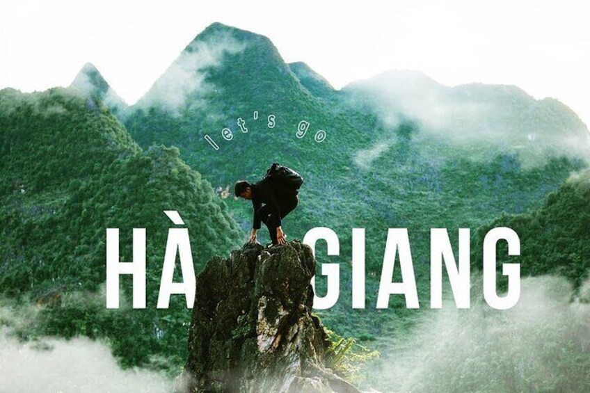 A person standing on a rock with the text "HÀ GIANG" and "Let's go" visible. 3