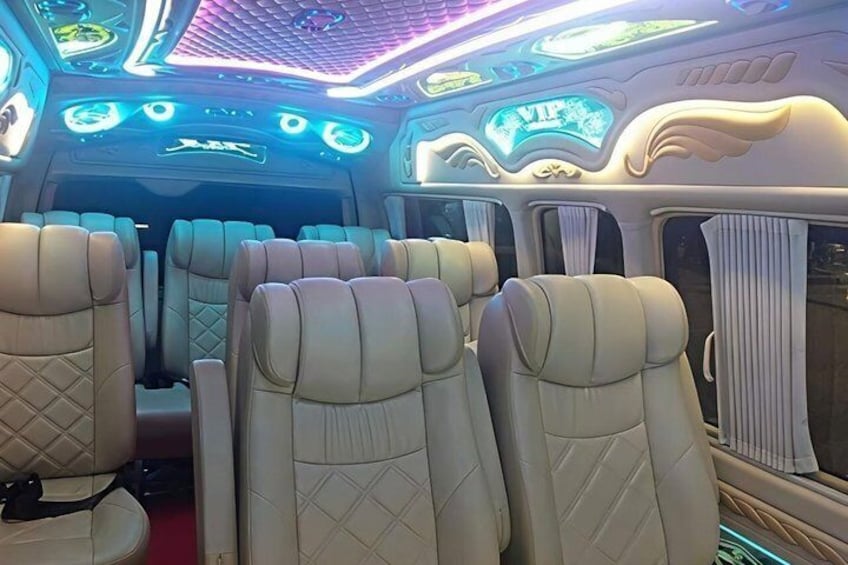 En lyxig interiör med bekväma, beige säten, stämningsfull belysning och en VIP-skylt. 5