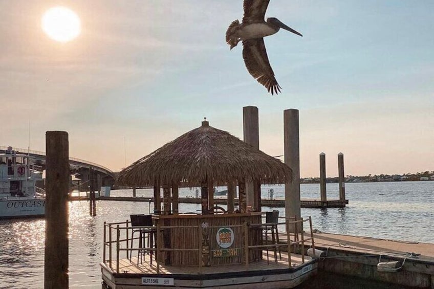 A dock with a thatched-roof structure, a boat named 'OUTCAST,' and a bird flying overhead. 5