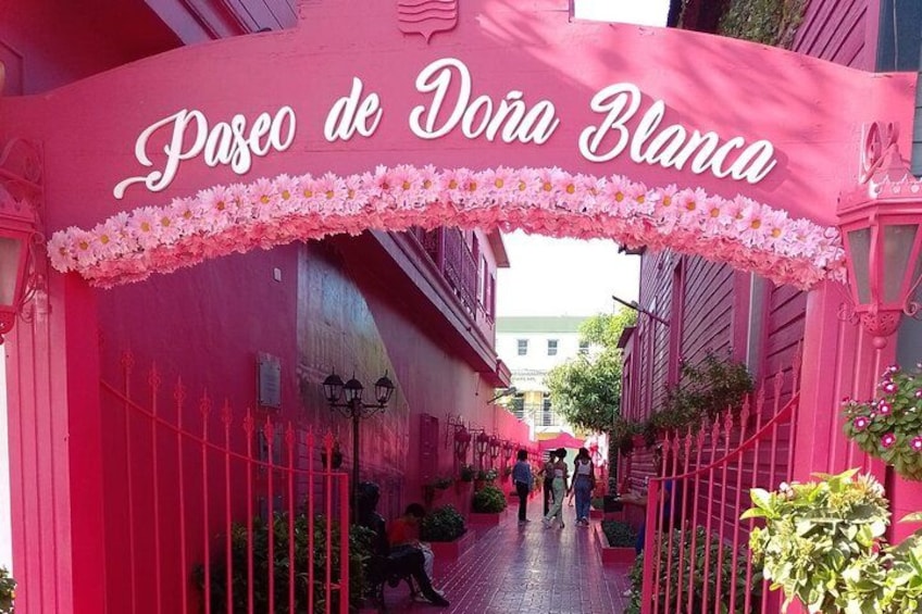 A pink archway with the text 'Paseo de Dona Blanca' and a floral border. 3