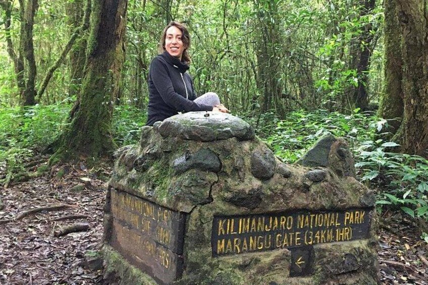 Una persona sentada sobre una roca con un cartel que indica el Parque Nacional Kilimanjaro y la Puerta de Marangu. 4