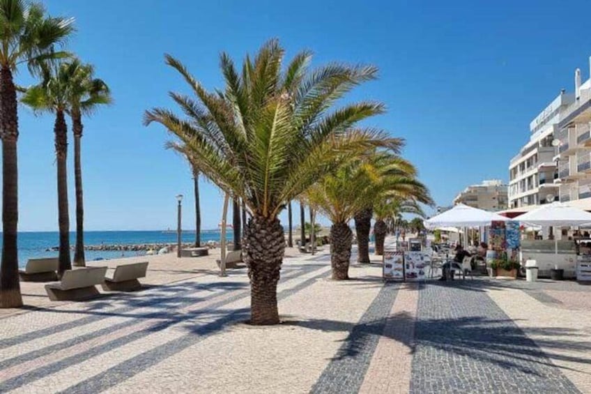 A seaside promenade with palm trees, beach chairs, and outdoor cafes. 3
