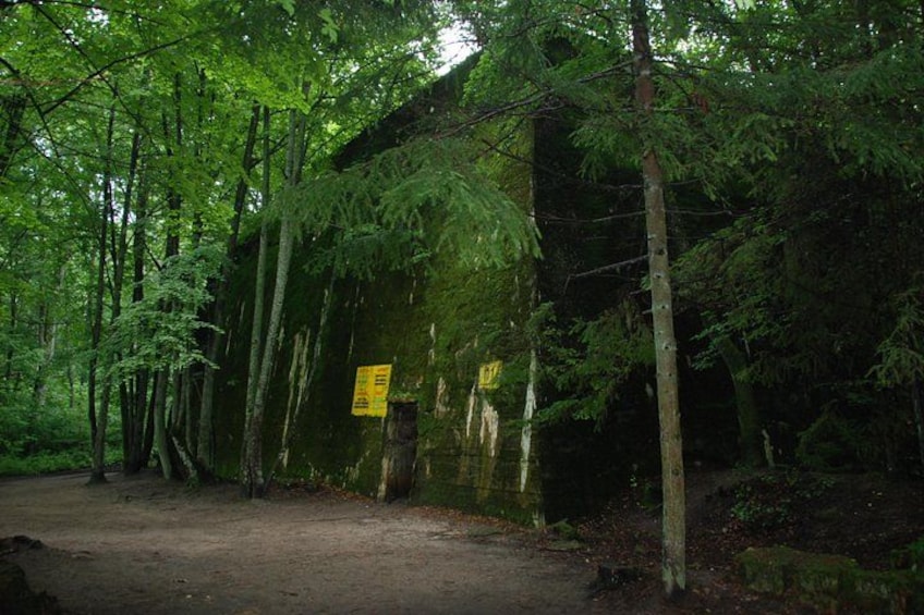 A forested area with a dirt path leading to a building with a yellow sign. 2