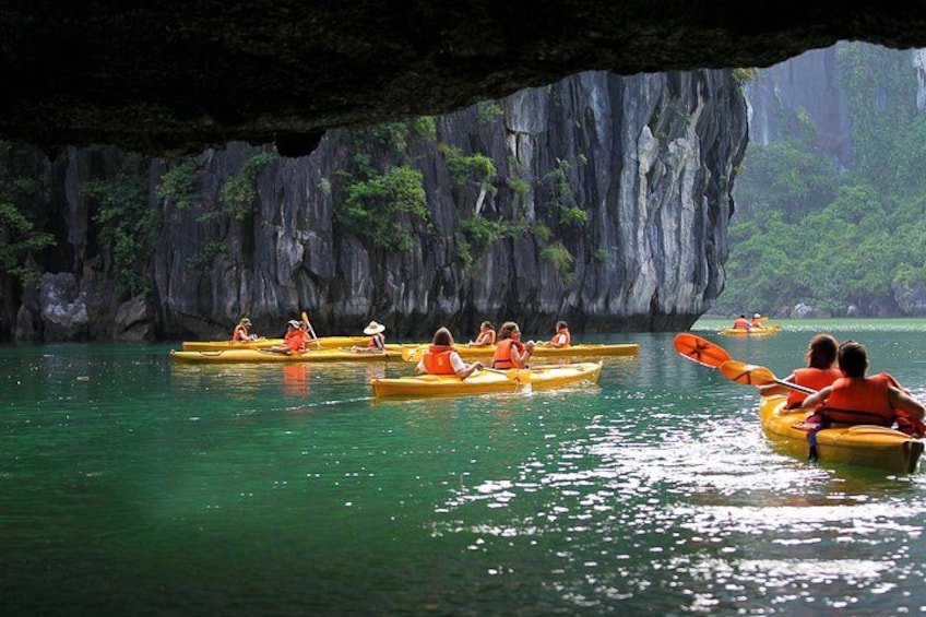 People kayaking in a cave opening surrounded by greenery. 2