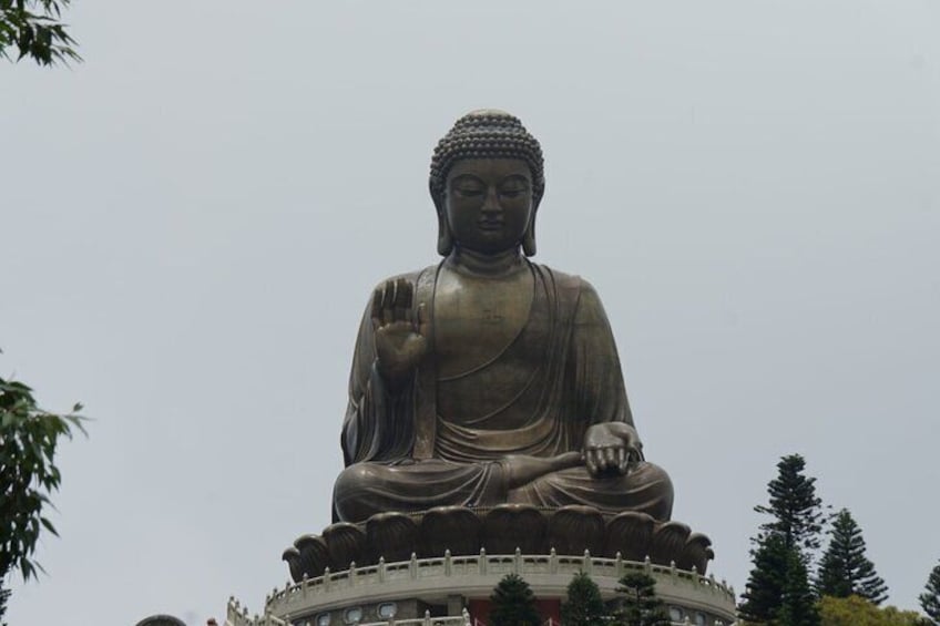 A large seated Buddha statue with a circular base, surrounded by trees and a clear sky. 2