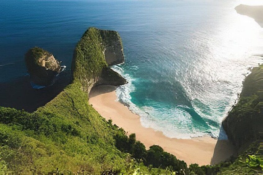 A coastal landscape with a beach, cliffs, and ocean. 2
