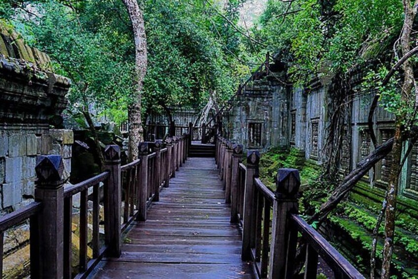 A wooden bridge with railings, surrounded by lush greenery and stone structures. 3