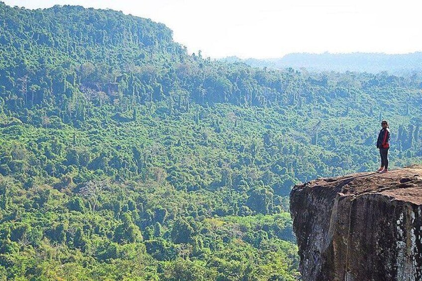 A person standing on a cliff overlooking a dense forest. 5