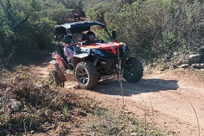 A red ATV on a dirt path surrounded by vegetation. 5