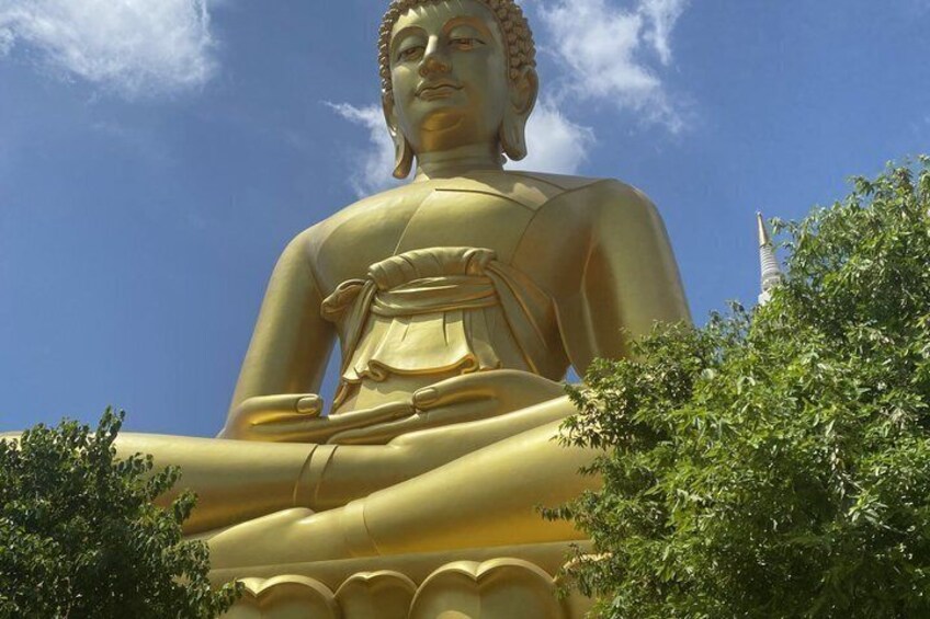 A large golden Buddha statue with a serene expression, surrounded by lush greenery. 5