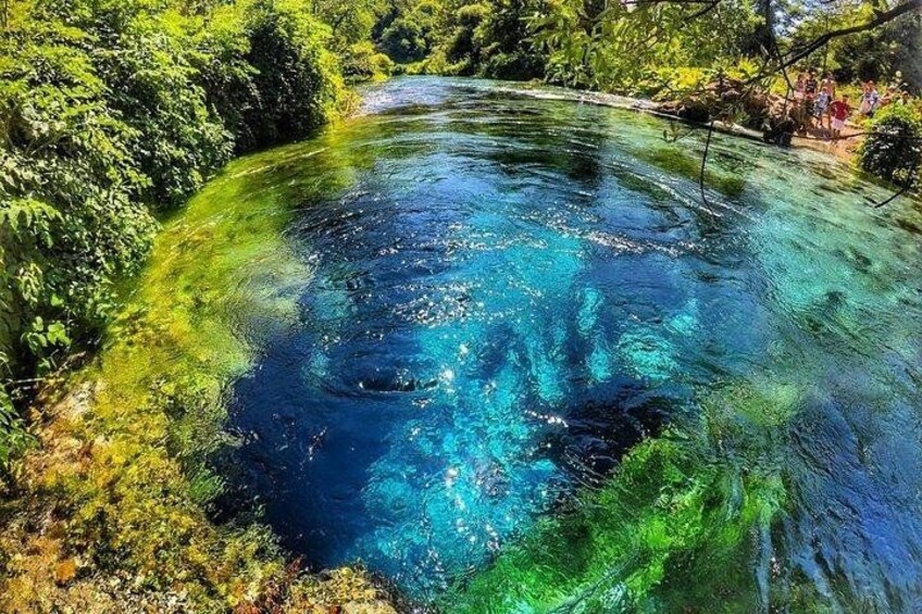 A clear blue river surrounded by lush greenery. 1