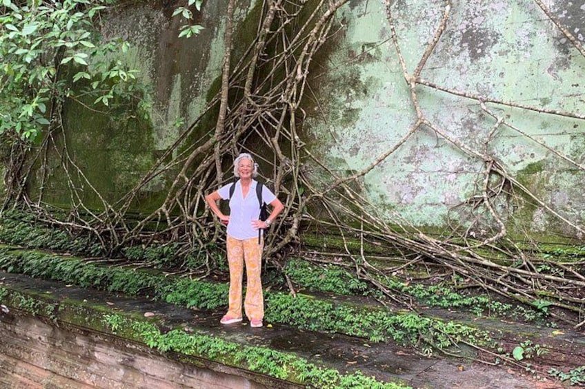 Une personne se tient debout sur une corniche de pierre, entourée de verdure et de lianes. 2