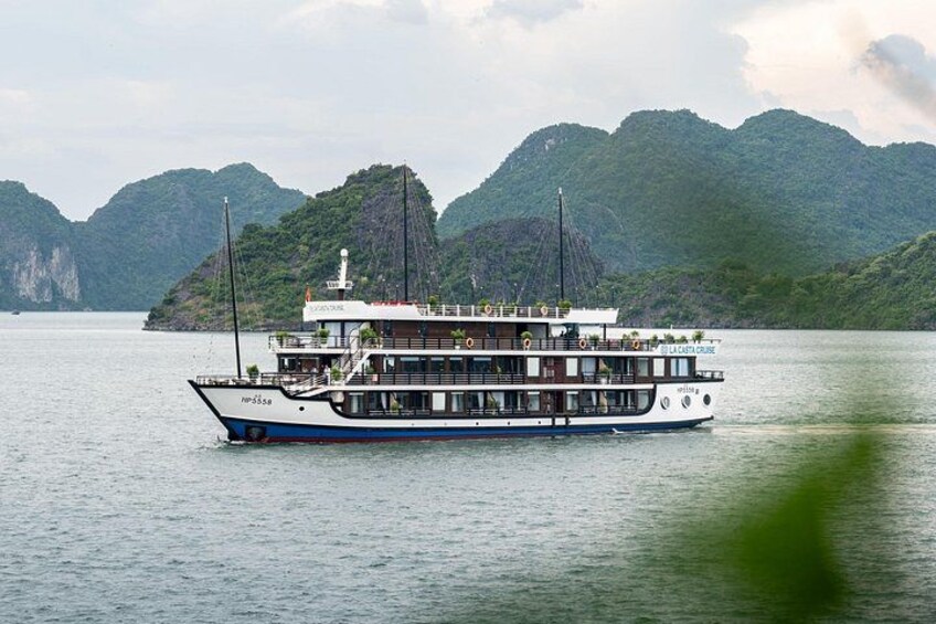 A large boat with multiple decks, sailing on calm water with green hills in the background. 5