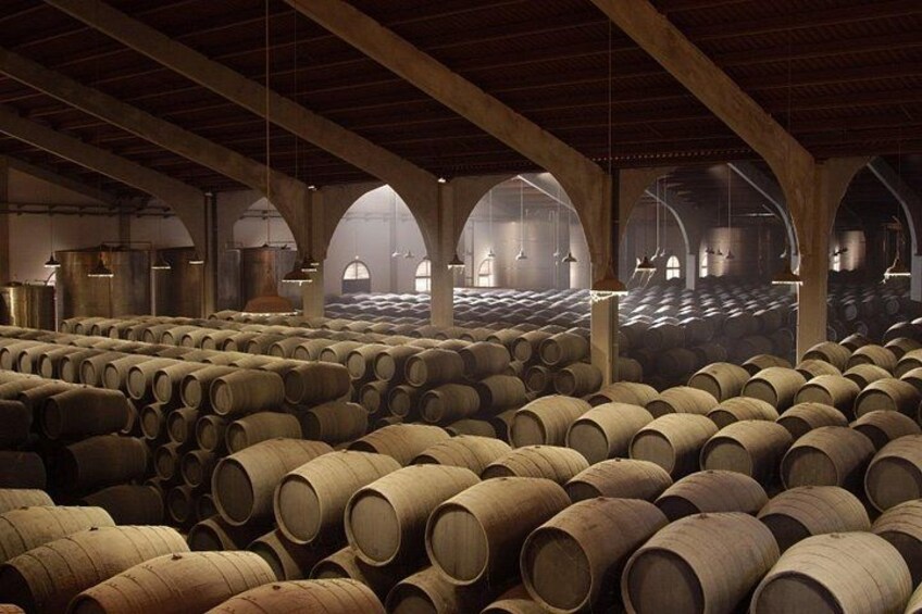 Un almacén grande con hileras de barriles de madera. 2