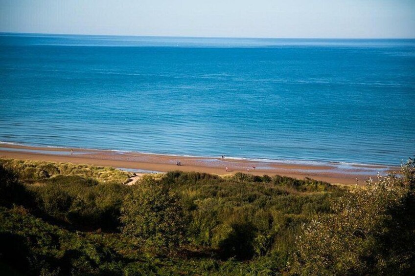 A beach with clear blue water, sandy shore, and dense greenery in the foreground. 2