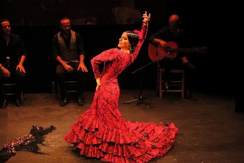 Una persona con un abito rosso si esibisce sul palco con una chitarra e un microfono. 2