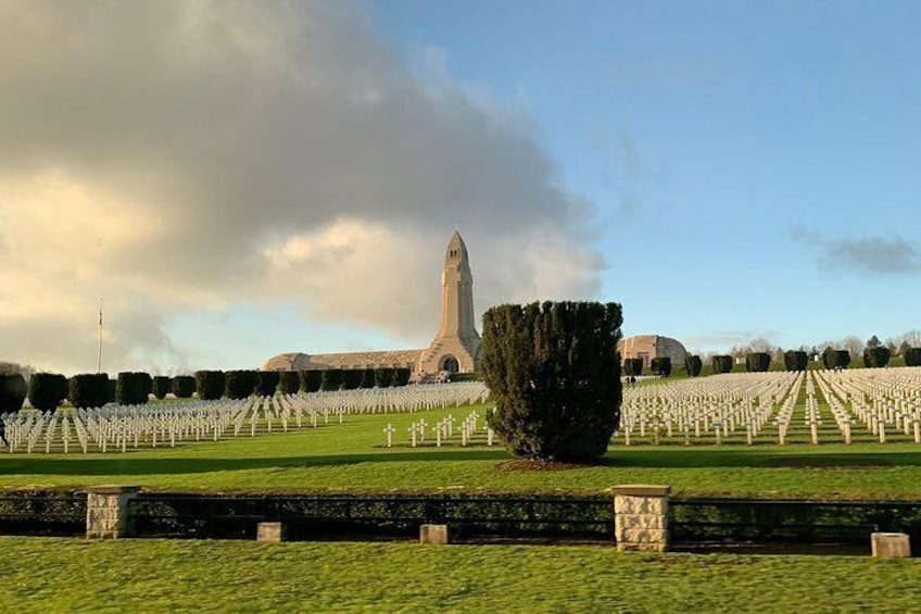 Un cementerio con hileras de lápidas blancas, un gran monumento central y un árbol distintivo en primer plano. 5