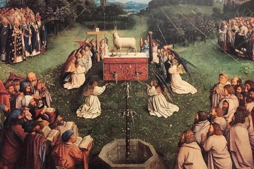 Escena histórica que muestra una ceremonia religiosa central, una multitud, y un paisaje con árboles y colinas. 2