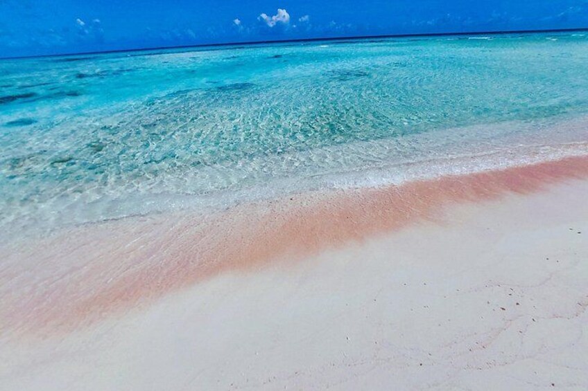 A beach with clear turquoise water and a light pink sand. 5