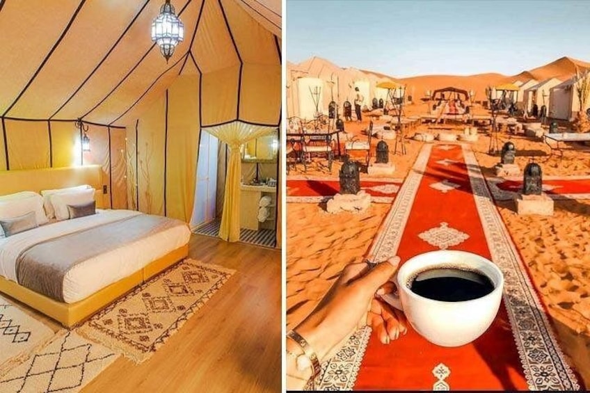 A tented accommodation with a bed, a lamp, and a carpet. 1