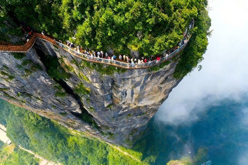 A suspension bridge with people walking across it, surrounded by lush greenery and a steep cliff. 1