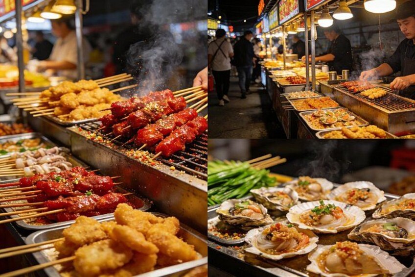 A variety of grilled foods including skewers, fried items, and oysters at a street food market. 4