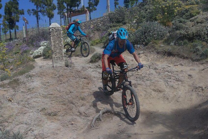Two mountain bikers on a dirt trail with sparse vegetation and a stone wall in the background. 3