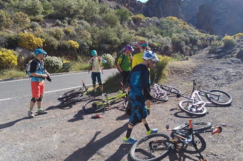 A group of cyclists on a road with bicycles and gear. 4
