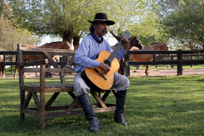 A man playing an acoustic guitar on a wooden bench in a grassy area with horses in the background. 1