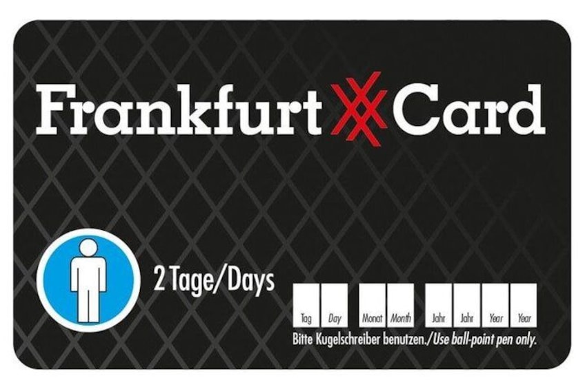 A black card with 'Frankfurt Card' and '2 Tage/Days' text. 1