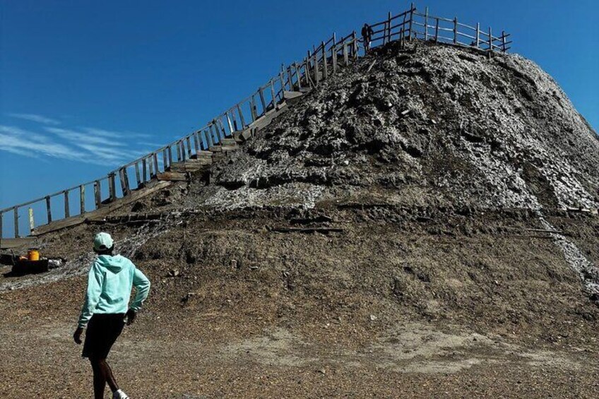A person standing on a rocky hill with a wooden staircase leading up. 4
