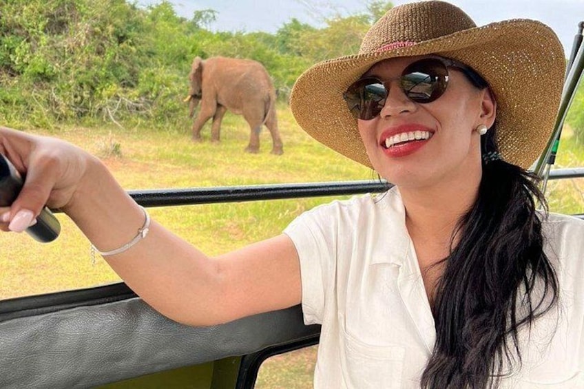 A person in a safari vehicle with a large elephant in the background. 5