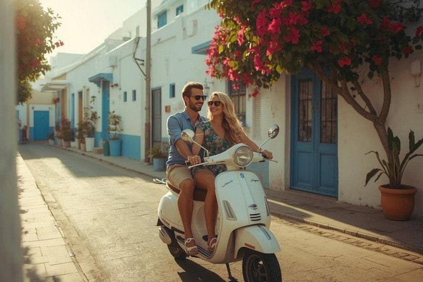 Un couple sur un scooter blanc, une rue étroite bordée de bâtiments blancs et un grand arbre en fleurs. 4
