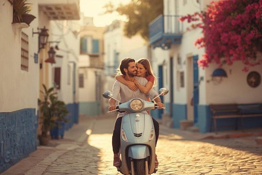 Une ruelle étroite pavée de pierres, avec des bâtiments peints en blanc et en bleu, un scooter transportant deux personnes, et des fleurs roses pendant d’un balcon. 1