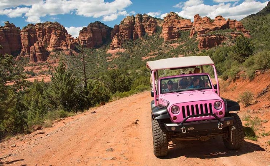 A pink off-road vehicle on a dirt road with red rock formations in the background. 3