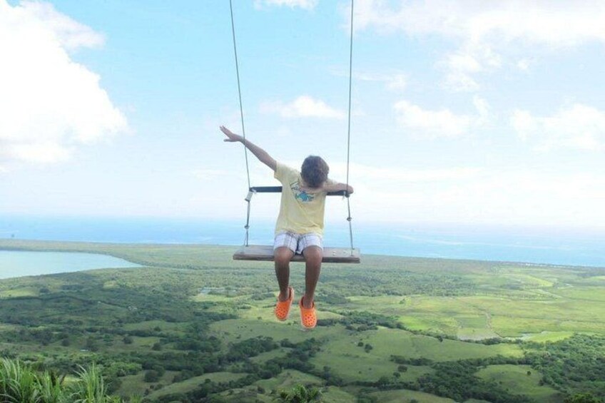 A person on a swing chair suspended over a landscape. 5