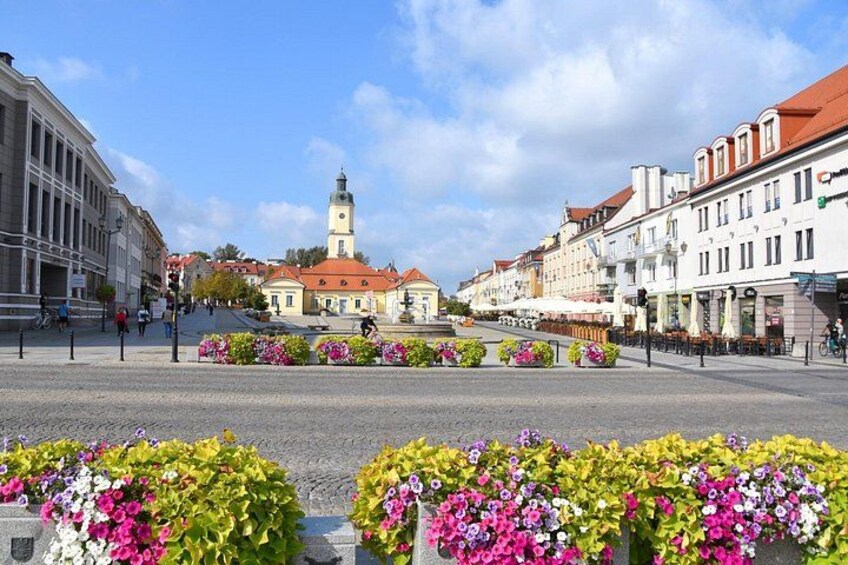Ein Stadtplatz mit Gebäuden, einer Kirche und Blumenarrangements. 3