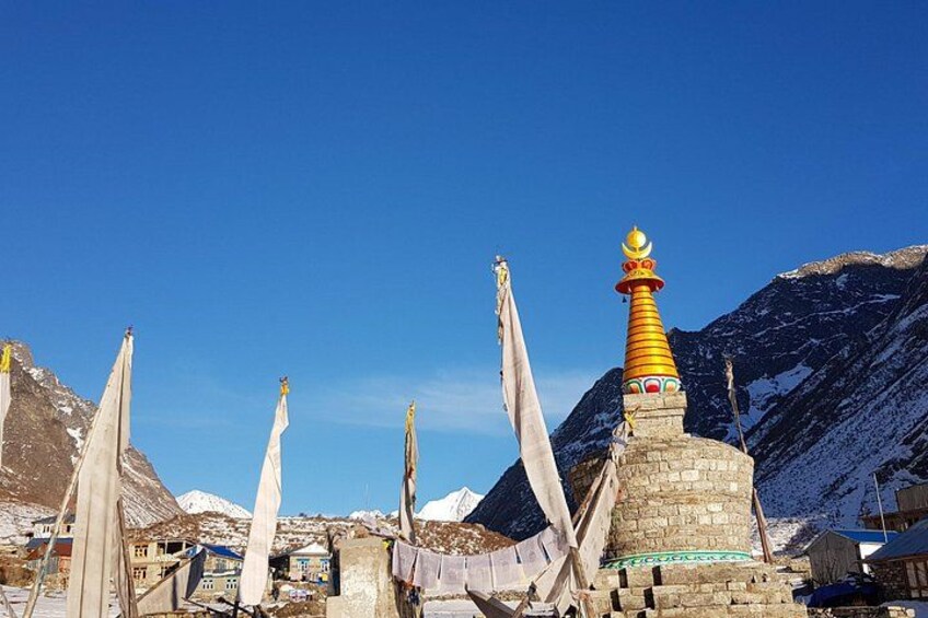 A snow-covered mountain range with a prominent yellow and red stupa. 3