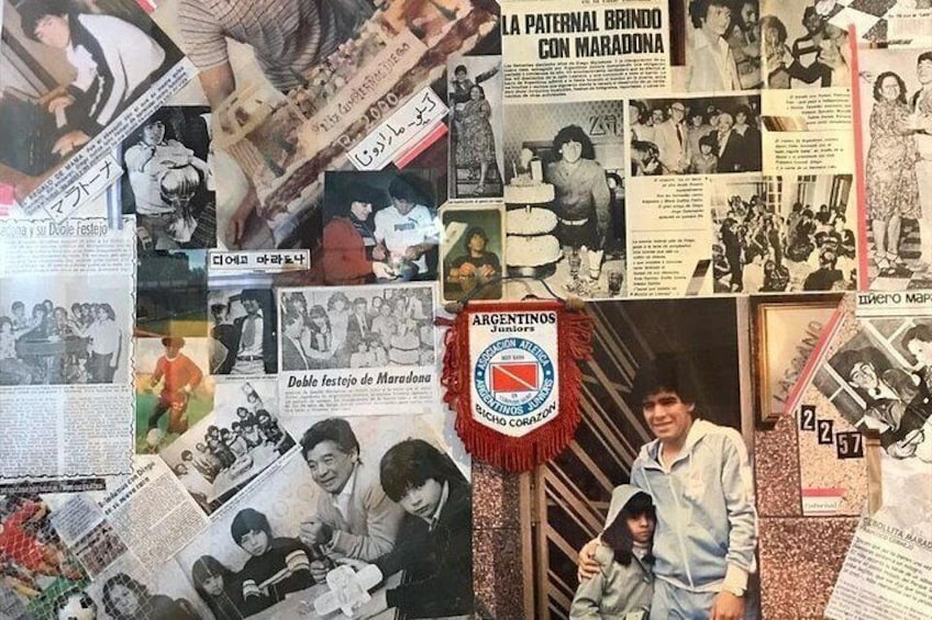 En collage bestående av fotografier och tidningsurklipp, med en framträdande argentinsk flagga och en grupp människor. 4