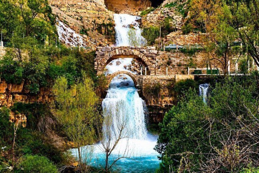 A waterfall cascading through a stone arch bridge surrounded by lush greenery. 1