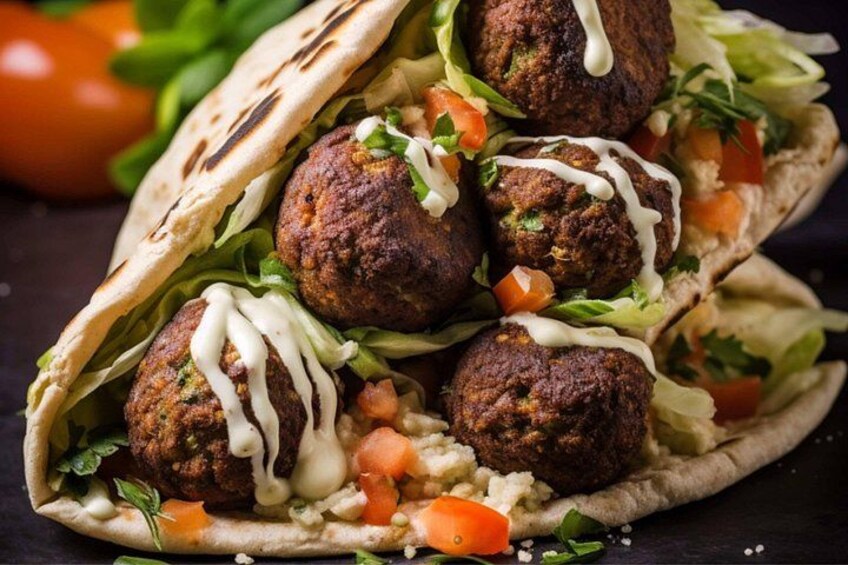 A falafel wrap with falafel balls, lettuce, tomatoes, and a white sauce. 4