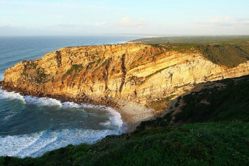 A coastal cliff with waves crashing against it, a grassy area in the foreground, and a distant view of the ocean and sky. 3