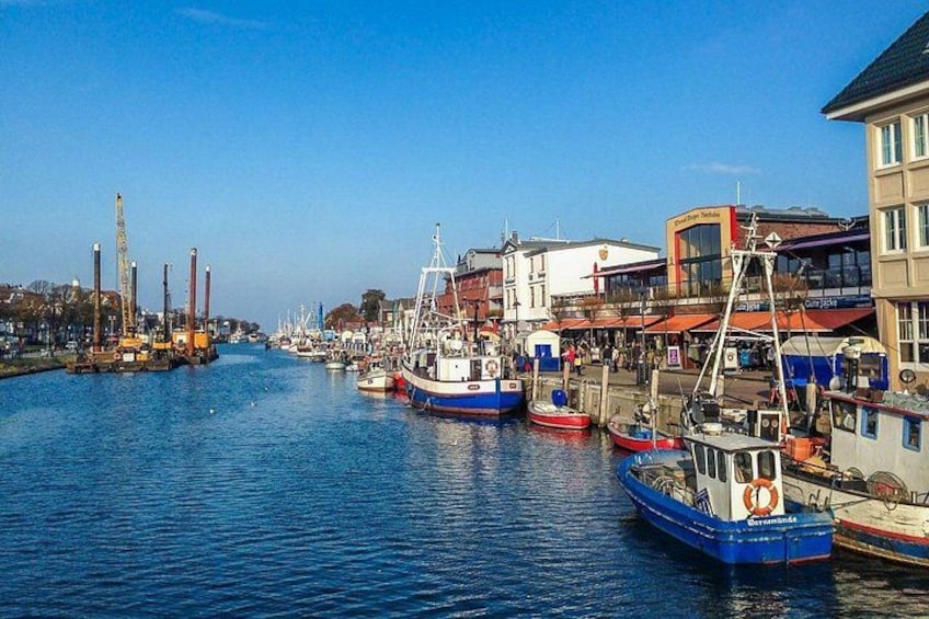 Un puerto con barcos amarrados, edificios y grúas. 1