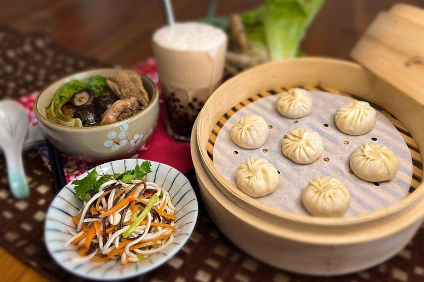 Xiao Long Bao, Chicken vermicelli with mushroom and sesame oil, Tofu strips salad, Bubble milk tea. Taiwan Traditional Delicacies Experience-A (Taipei Cooking Class) 1