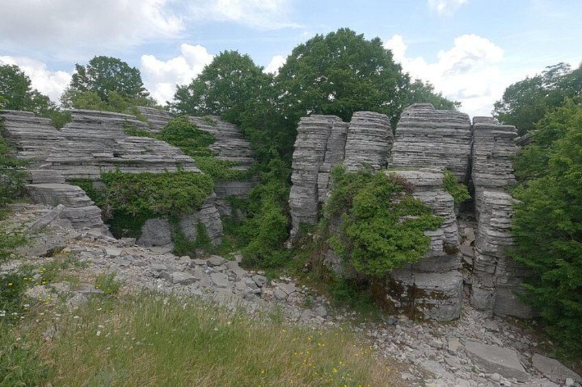 Layered rock formations with greenery. 3