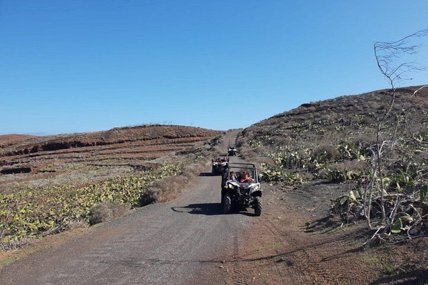A dirt road with vehicles, sparse vegetation, and hilly terrain. 5