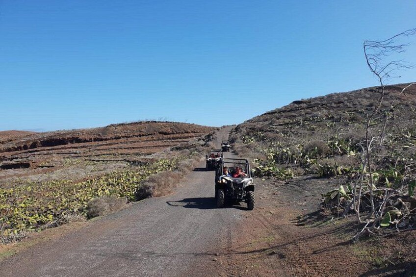 A dirt road with vehicles, sparse vegetation, and hilly terrain. 3