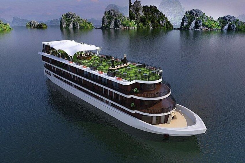 A river cruise ship with multiple decks and a lush garden on the upper deck. 1