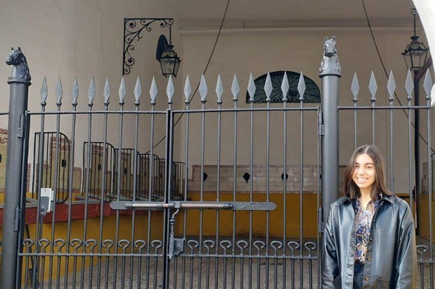 Una persona parada frente a una puerta de metal con púas decorativas y una estatua en la parte superior. 2