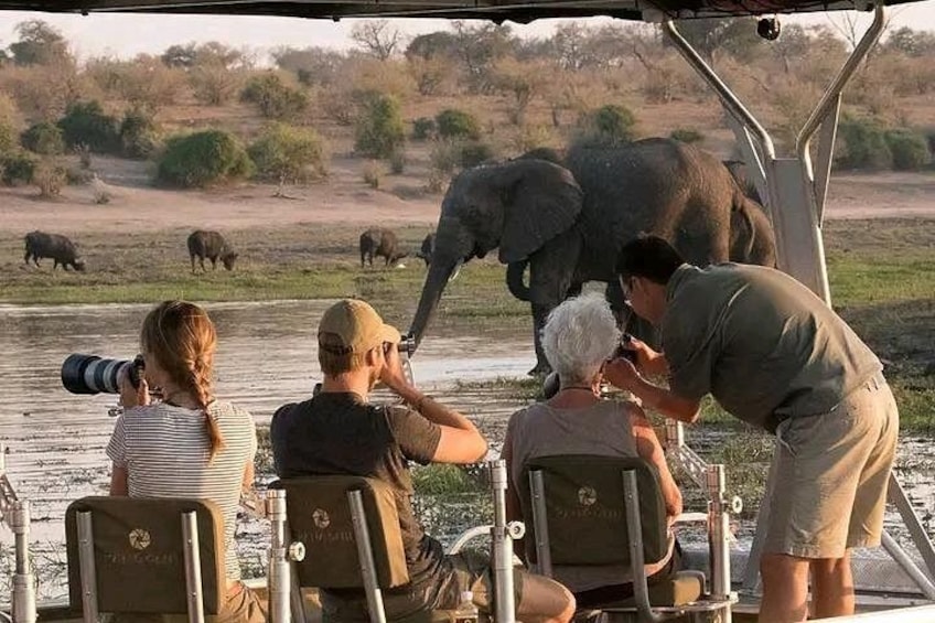 A group of people observing wildlife from a boat, with elephants and rhinos in the background. 2